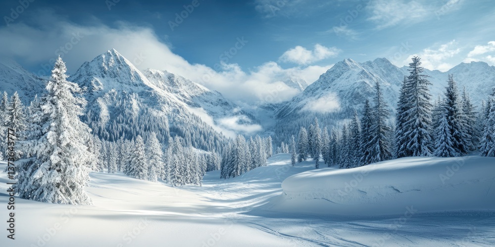 Fototapeta premium Snow-covered mountains and trees under a blue sky.