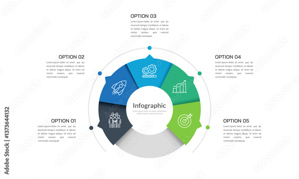 Fototapeta premium Business visualization infographic circle design template with 5 options, steps or processes. Business presentation. 