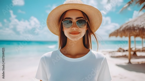 A woman in a white t shirt and sunglasses standing on a tropical beach surrounded by the turquoise ocean and clear blue sky taking in the relaxing atmosphere