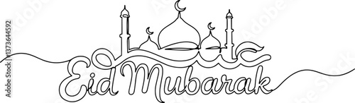 Presentation of Moon, star, mosque, prayer hands as a symbol of holy Eid, Eid Mubarak in continuous single line drawing concept isolated on white background.
