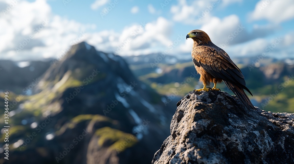 Fototapeta premium Majestic Eagle Perched on Rocky Cliff Overlooking Vast Landscape