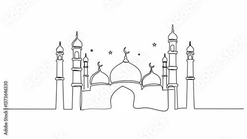Presentation of Moon, star, mosque, prayer hands as a symbol of holy Eid, Eid Mubarak in continuous single line drawing concept isolated on white background.