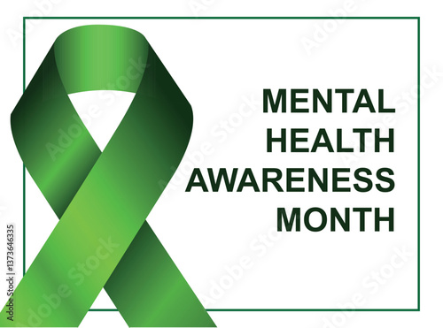 Mental Health Awareness Month. Green Awareness Ribbon on White Background. Raising awareness of mental health campaign. Vector Illustration

