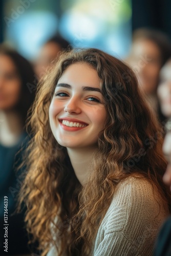 Smiling female at conference, listening intently to presentation. Engaged and interested in speaker.