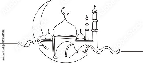 Presentation of Moon, star, mosque, prayer hands as a symbol of holy Eid, Eid Mubarak in continuous single line drawing concept isolated on white background.
