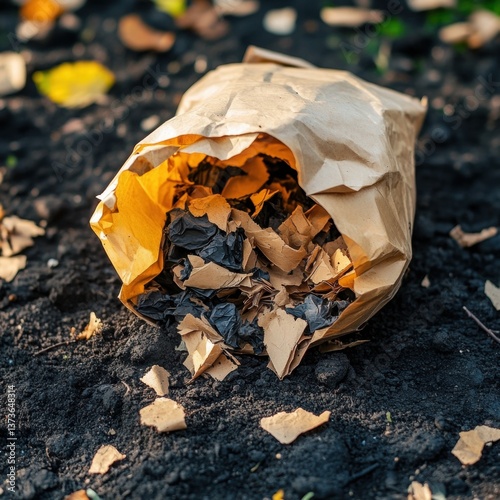 Crumpled paper bag on the ground with an educational chart depicting the biodegradation process in soil over time
