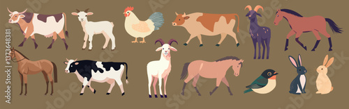 Colorful farm animals cartoon, vector element set
