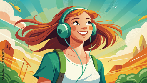 Beautiful smilig female traveller has leisure time, enjoys online communication, connected to headphones, listens music from playlist, wears casual white t shirt and green shirt, carries 