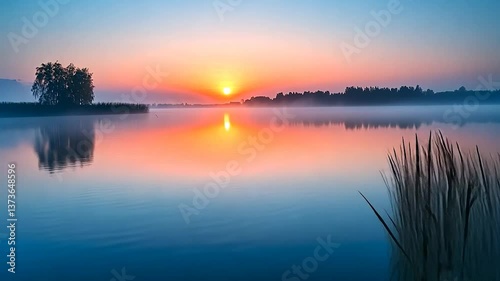 Serene sunrise over calm lake, mist, tree reflections