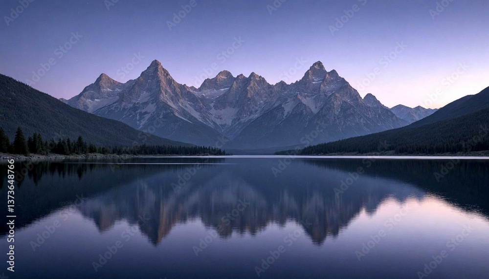 Twilight Mountain Range with Lake Reflection Twilight Mountain Range with Lake Reflection