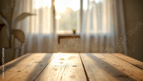 Sunlit Wooden Table with White Curtains