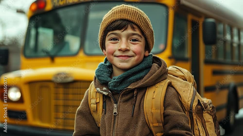 A joyful little boy waits in front of the yellow school bus while carrying his school satchel. A joyful little boy waits in front of the yellow school bus while carrying his school satchel.