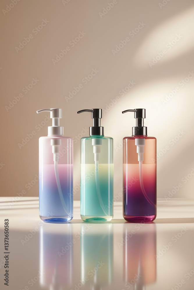 Colorful gradient liquid soap dispensers arranged on a minimalist countertop with soft lighting Colorful gradient liquid soap dispensers arranged on a minimalist countertop with soft lighting