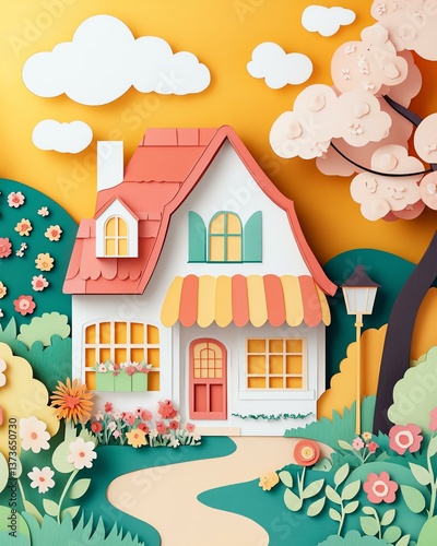 Layered papercut artwork depicting Top view of colorful paper cut A vibrant paper art illustration of a charming house surrounded by colorful flowers and trees, symbolizing warmth and creativity.