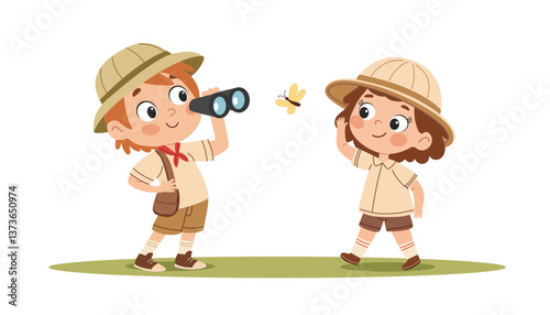 Happy cute kids summer camp holiday set. Scouting kids set. Cute little boy and girl scouts in uniform with camping equipment cartoon vector illustration