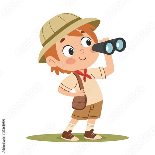Boy scout with binoculars. Flat vector illustration in a simple children's style. on white background.