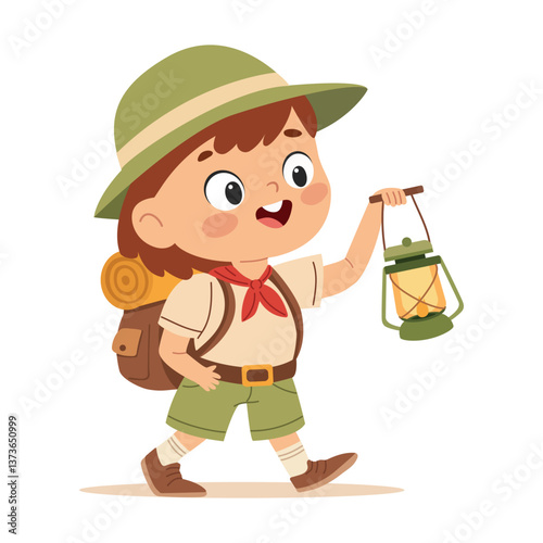 Cute little Boy Scout with backpack and lantern. Сute little kid boy wear scout uniform. Flat vector illustration in a simple children's style.