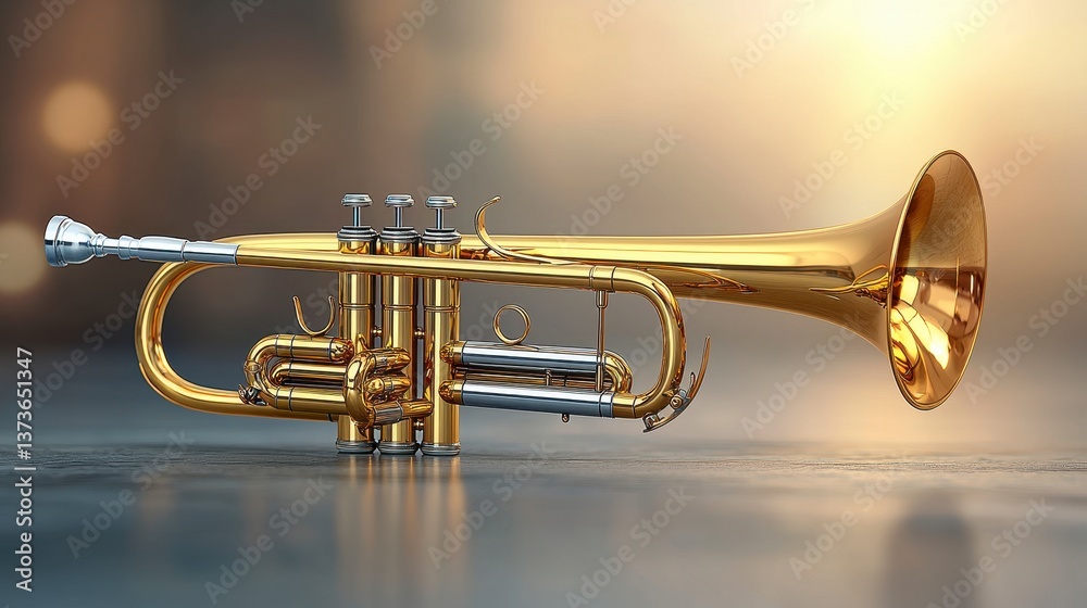 Naklejka premium Gleaming Gold Trumpet on Dark Reflective Surface