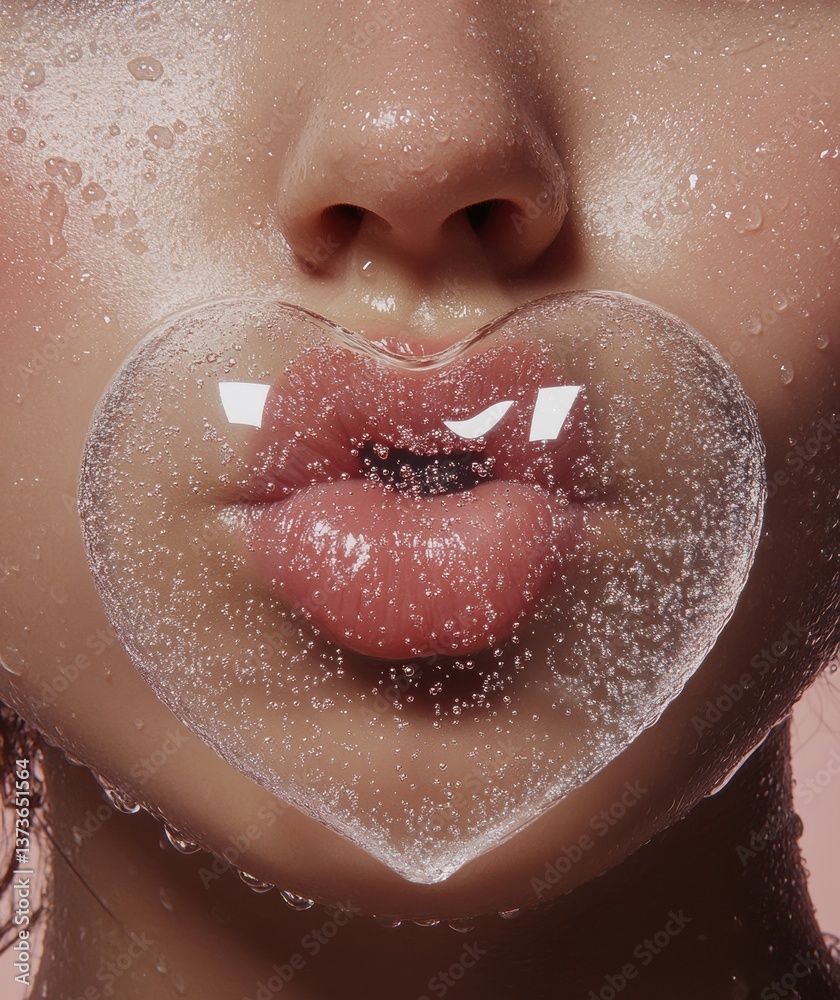 Fototapeta premium Close-up of a woman blowing bubbles with a bubble on her lips behind misted glass capturing a playful moment