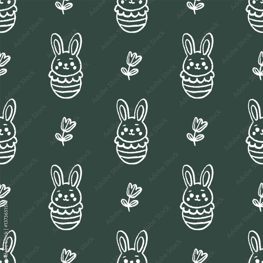 Fototapeta premium Easter eggs and bunnies. School board chalk doodle. Seamless vector pattern for fabric design, wrapping paper, wallpapers. Hand drawn.