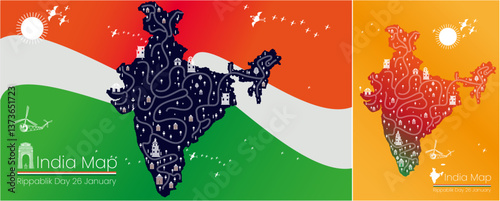 india map ,vector illustration,wali style art, Warli painting, warli art Warli painting sun, birds flying, Farming, cloud, and people, Tribal art wall painting