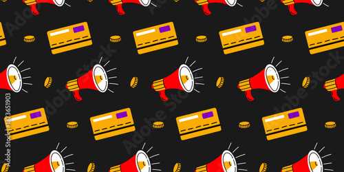 Brightly colored pattern featuring megaphones and credit cards on a dark background for marketing themes