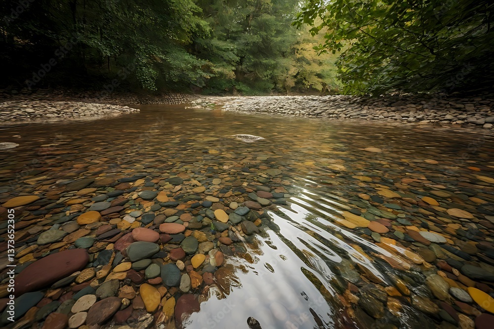 Naklejka premium Ripples of flowing shallow water flowing over the colourful rocks and pebbles of a shallow forest creek bed create a impressionistic abstract patterns from nature.