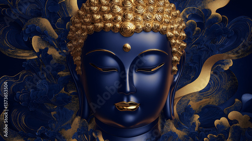Blue Buddha Statue Represents Enlightenment Against Dark Background  