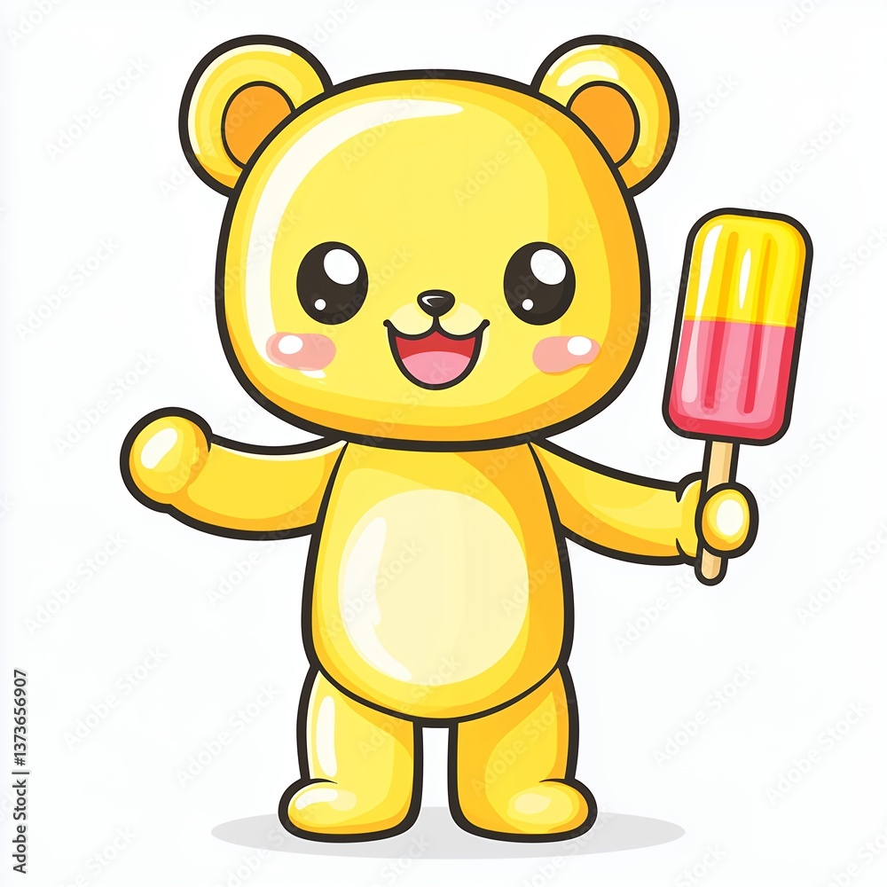 Obraz premium Cheerful Yellow Cartoon Bear with Popsicle on White Background