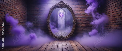 enchanting mirror with purple smoke reflection - mystical surreal art