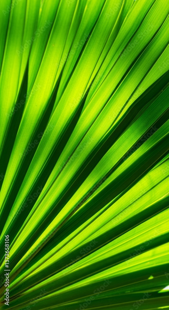Obraz premium Close-up of sunlit green palm leaf with radiating lines and vivid texture