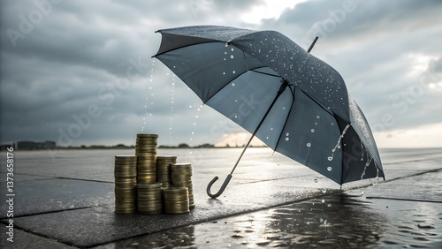 Umbrella Protecting Coins from Rain – Depicting financial risk management.