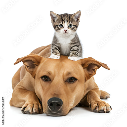 A sleeping dog is being hugged by a cat.