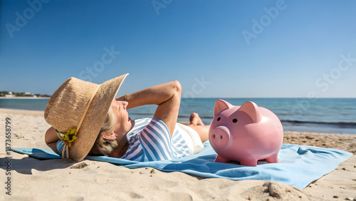 Person Relaxing on a Beach with a Piggy Bank – Representing early retirement and financial freedom.