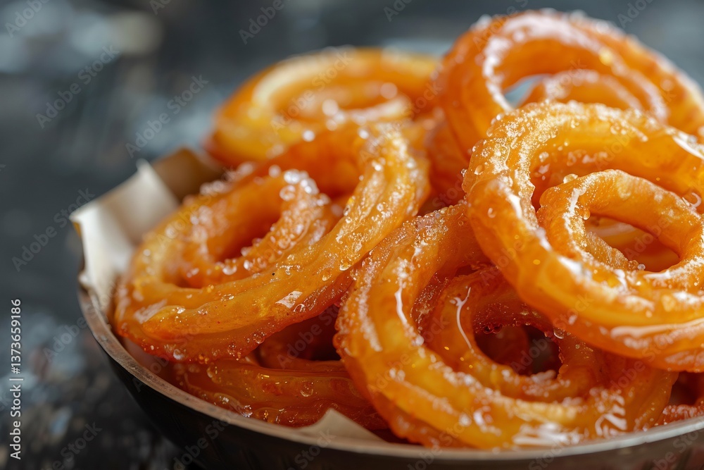 Fototapeta premium Jalebi golden spirals dipped in sugar syrup, served hot in paper plate with rustic