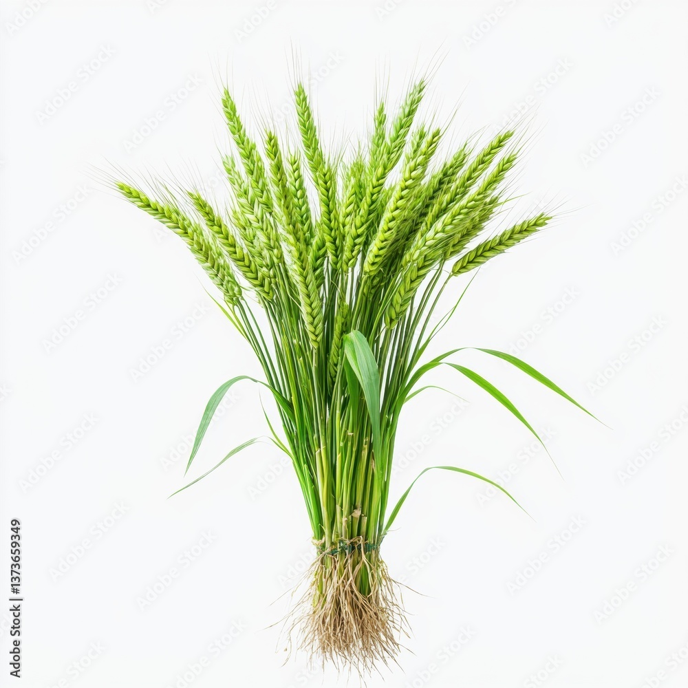 Fototapeta premium Abundant bunch of healthy green wheat stalks with roots on a crisp white background captured in 4k clarity