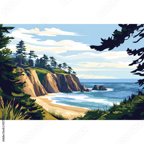 Pine trees coast illustration landscape vector