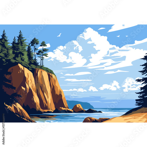 Pine trees cliff coast illustration vector