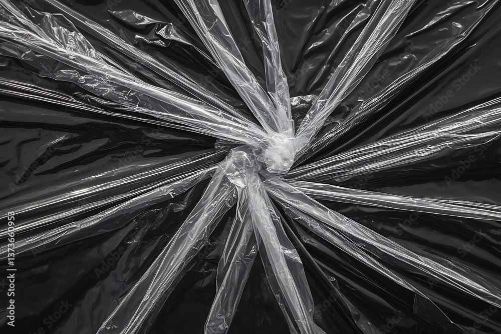 Obraz premium Transparent plastic wrap on black background. Crumpled wrinkled plastic cellophane. Reflecting light and shadow on creases and folds in plastic surface. Texture overlay effect template.