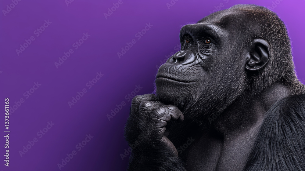 thoughtful gorilla on purple background, showcasing curiosity thoughtful gorilla on purple background, showcasing curiosity