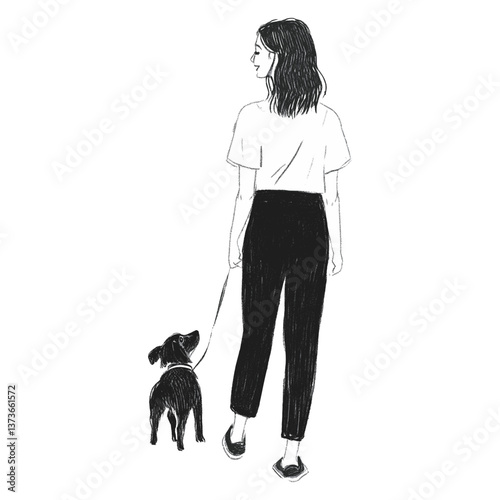 A cheerful woman walking with a dog illustration drawing black vector