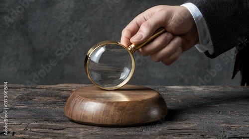 Hand Holding Magnifying Glass Over Wooden Gavel on Rustic Table