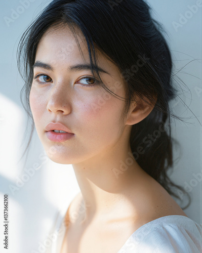 Natural Beauty Portrait of a Young Asian Woman in Soft Lighting