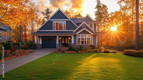 Charming single family home with gabled roof at sunset