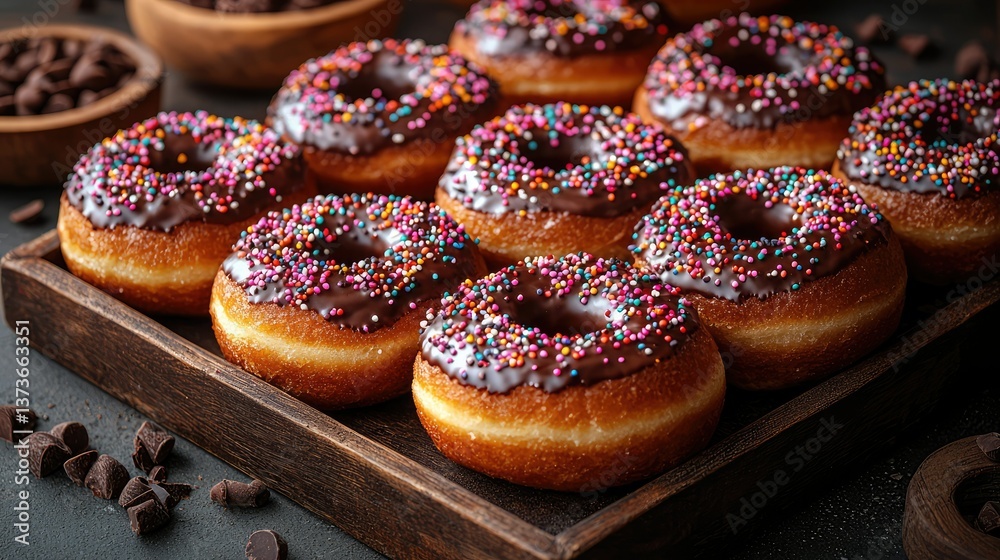 Several donuts with chocolate frosting and colorful sprinkles arranged nicely Several donuts with chocolate frosting and colorful sprinkles arranged nicely