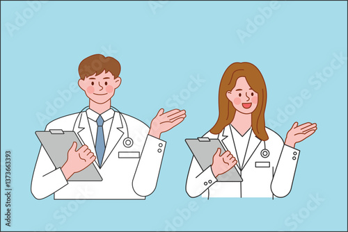 Smiling doctors with pointing finger up gesture