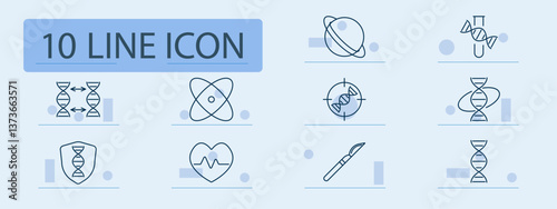 Science set icon. DNA, orbit, atom, scalpel, heart, shield, target, planet, transfer, strand, biology, research, protection, editing, molecule, surgery, technology, experiment, health, connection