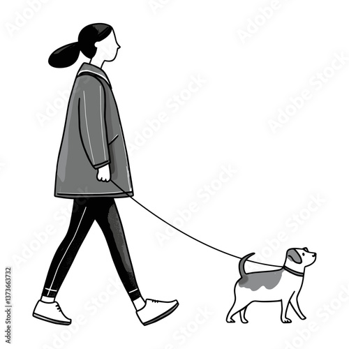 Woman walking dog illustration simple vector
