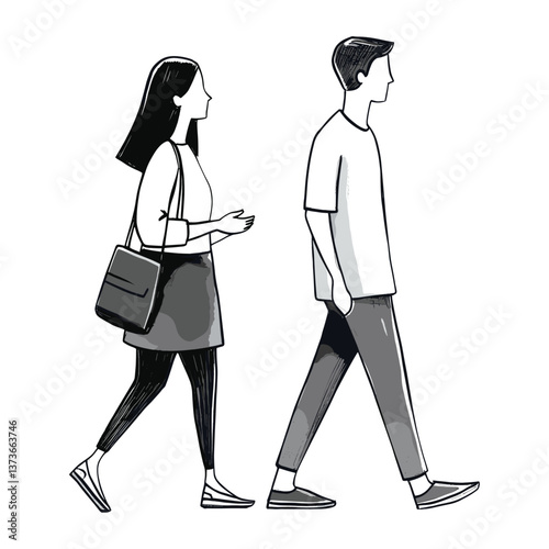 Woman and man walking while talking together illustration person people vector