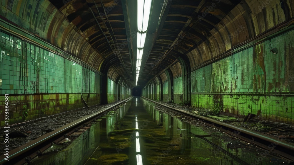 An eerie urban exploration scene of a flooded subway tunnel, greenish water reflecting flashlight beams on the arched ceilings An eerie urban exploration scene of a flooded subway tunnel, greenish water reflecting flashlight beams on the arched ceilings